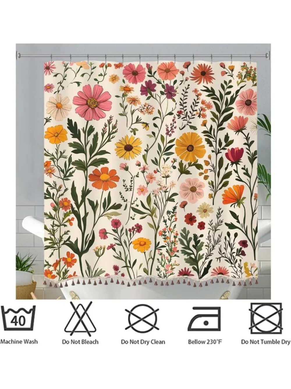 Boho Floral Shower Curtain with Tassels | 72x72